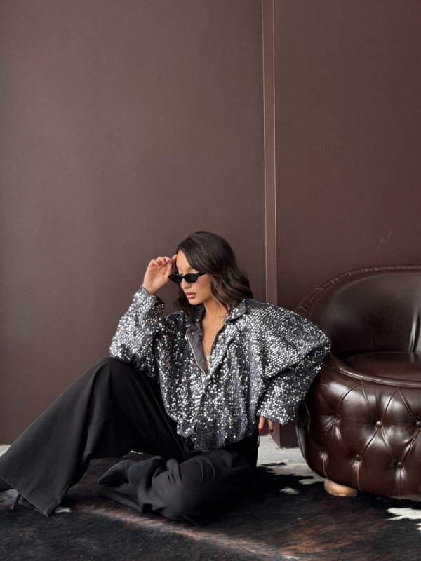 Payetli Oversize Kadın Ceket – Fermuarlı Işıltılı Şık Üst - Siyah Gümüş